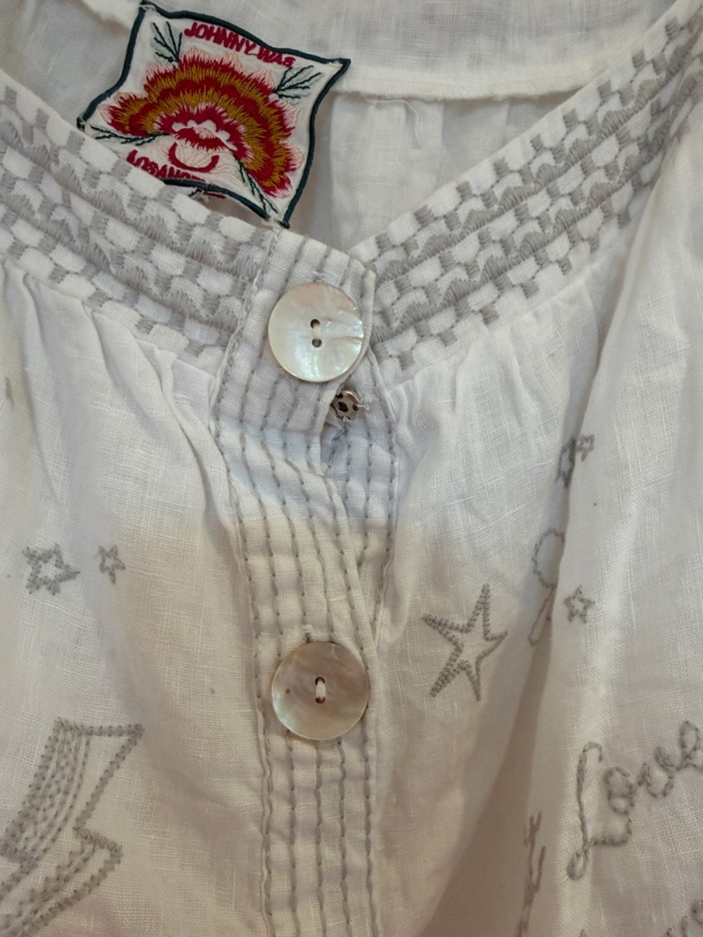 Johnny Was White Embroidered Button-Front Peasant Blouse - Picture 2 of 7